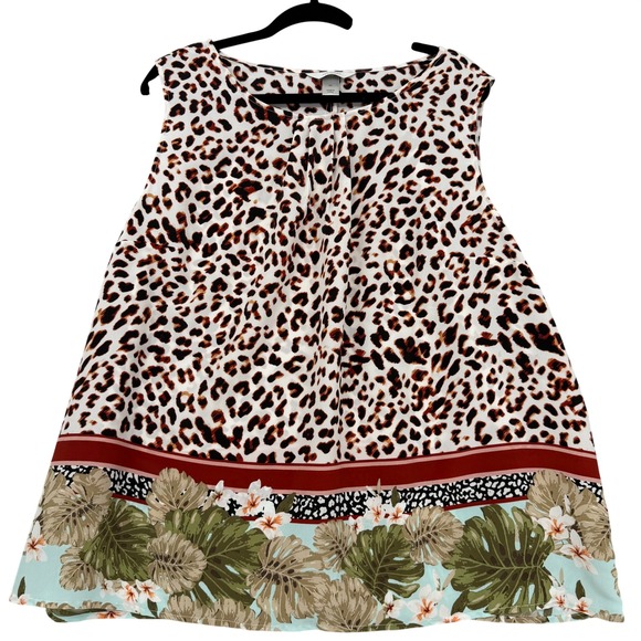 CJ Banks Tops - CJ Banks Womens 2X Leopard Tropical Floral Sleeveless Blouse Pleated Neck NWT